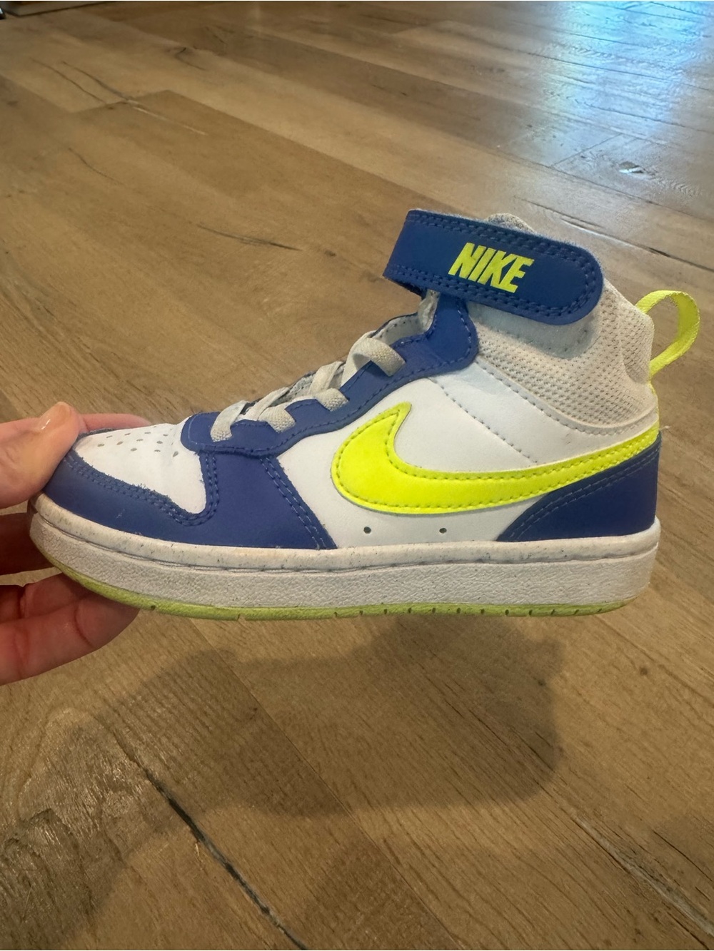 Nike Kids Mid-Top Sneakers in White, Blue & Neon Yellow